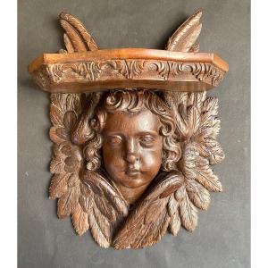 Carved Wooden Console, Early 19th Century. Winged Angel Head. Cherub. 