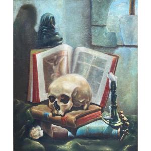 «Vanité. Memento Mori ». Huile Sur Toile. Ecole Française Milieu XXème. 