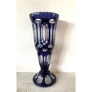 Cut Crystal Vase. Double Layer Overlay. Dark Blue. Mid 20th Century. 