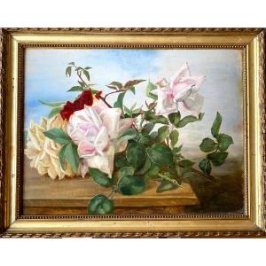 Lucie Roguès. « roses”. Still Life. Framed Oil On Cardboard . 1897.