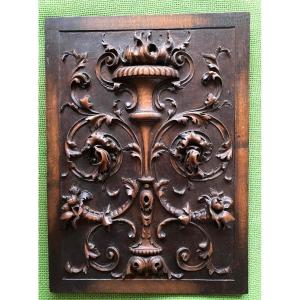 Decorative Panel In Solid Wood. 19th Century. Renaissance Style Bas-relief Sculpture. 