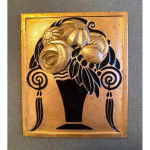 Art Deco Ornamental Plaque In Bronze And Black Enamel. Stylized Flower Vase. 1920s. 