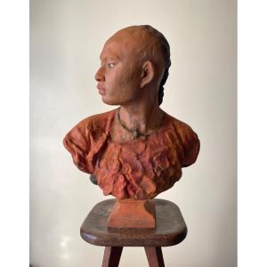 "the Chinese". Polychrome Terracotta 20th Century After Jb Carpeaux. 