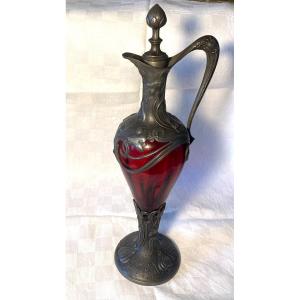 Art Nouveau Ewer. Red Glass And Pewter Trim. 