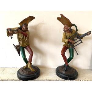 19th Polychrome Metal Candlesticks. Minstrels. Jesters. Grotesque Musicians. 