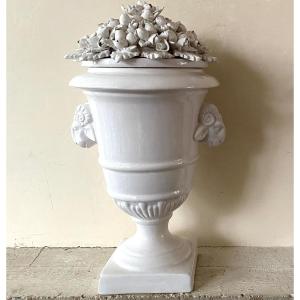 Neoclassical Covered Vase In White Porcelain. Italy, Mid-20th Century. 