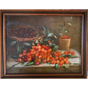 " Cherries". Still Life 19th Century. Framed Oil On Canvas Mounted On Cardboard. 