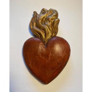 Ardent Heart. Sacred Heart. Gilded And Painted Carved Wood, 18th Century. Ex Voto. 