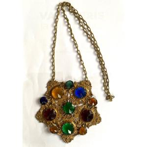 19th Century Theater Jewel. Gilded Brass And Glass Paste. 