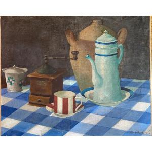 Roger Trichard. “ Nature Morte à La Cafetière”. Huile Sur Toile. Ecole Française 1938.