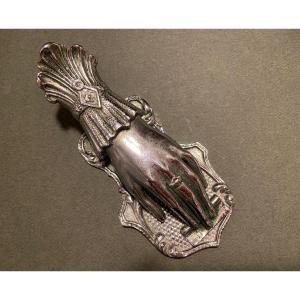 19th Century Silver Plated Bronze Mail Clip. Woman's Hand With Cuff And Ring. 