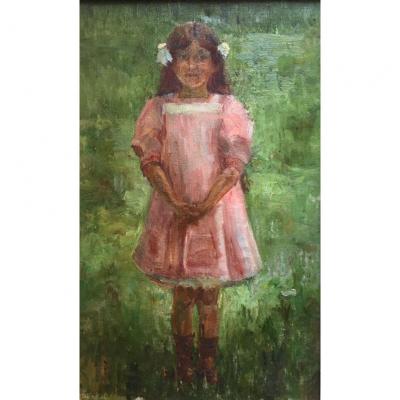 « Fillette à la Robe Rose ». Huile Sur Toile. Ecole française fin XIXème.