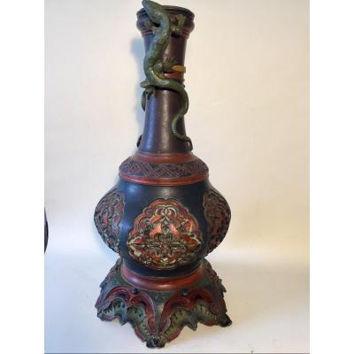XIXth Lamp Base Vase. Orientalist Decor. Lizards. Polychrome Metal.