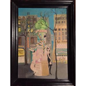 « harlequin In The Street. Paris. Oil On Canvas Cardboard. Liz Reber. 60s/70s