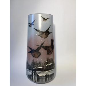 Blown Glass Vase Early XXth. Enamelled Decor. Birds On Winter Background. Jem For Legras.