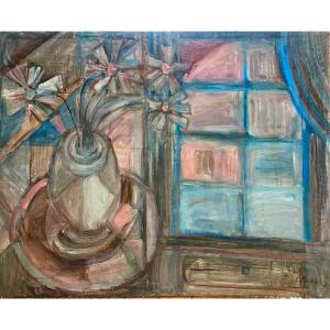 Bouquet Of Flowers In Front Of A Window. Cubist Still Life. Elisabeth Ronget-bohm. Early XXth.