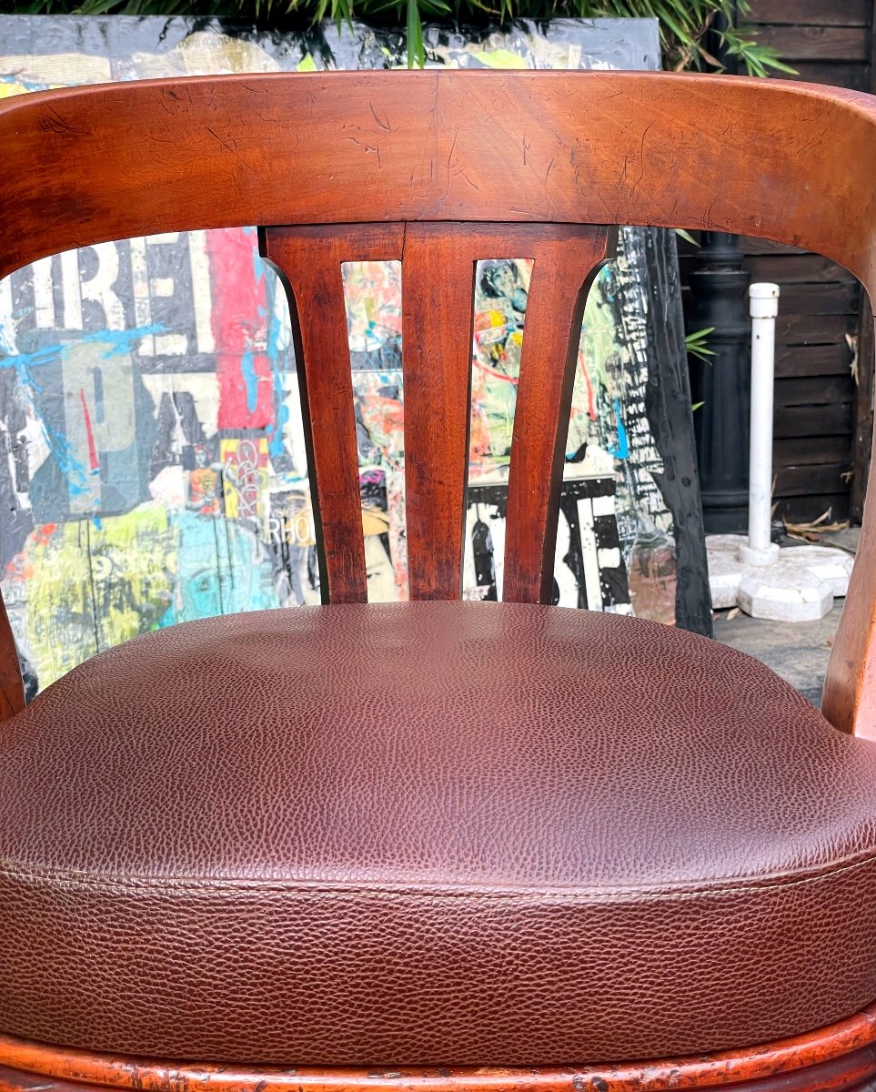 American Swivel Walnut Office Chair With Leather Seat, Cast Iron Legs Circa 1900-photo-1