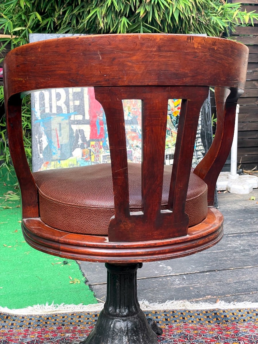 American Swivel Walnut Office Chair With Leather Seat, Cast Iron Legs Circa 1900-photo-2