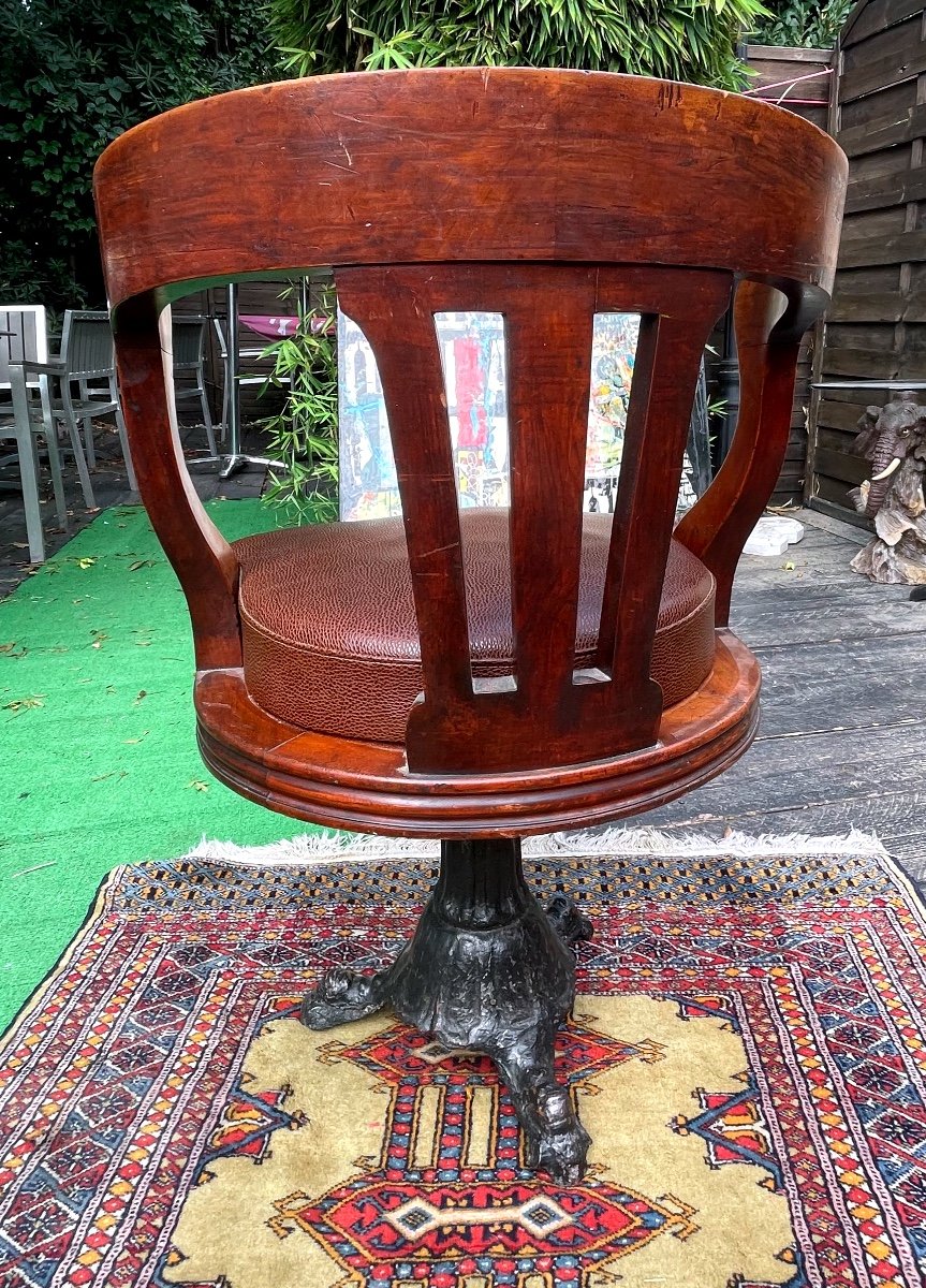 American Swivel Walnut Office Chair With Leather Seat, Cast Iron Legs Circa 1900-photo-3