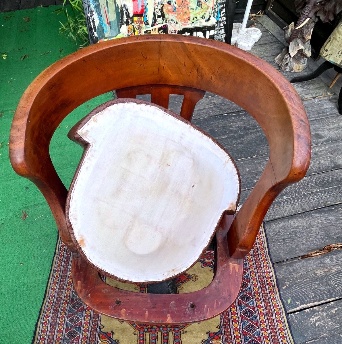 American Swivel Walnut Office Chair With Leather Seat, Cast Iron Legs Circa 1900-photo-7