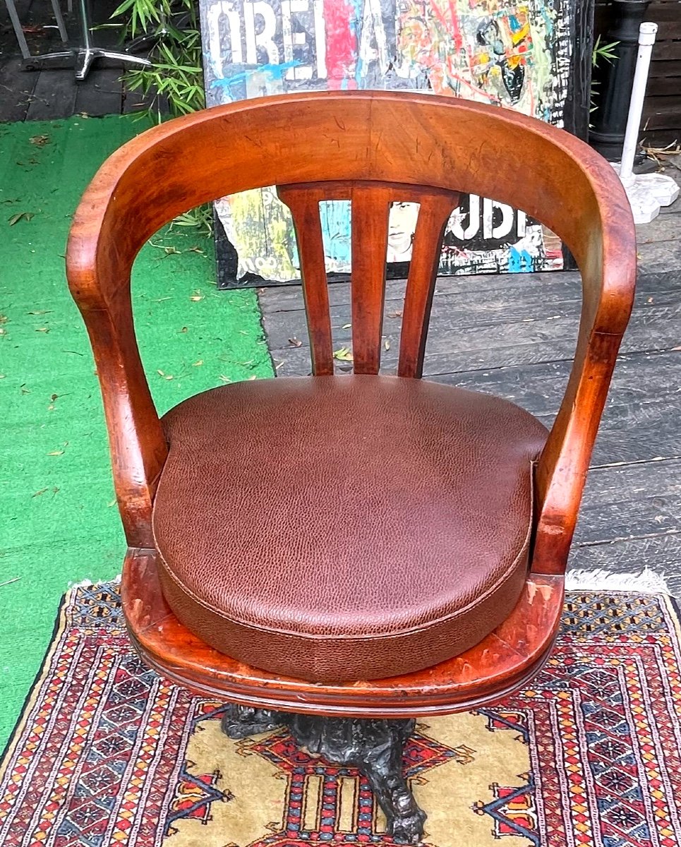 American Swivel Walnut Office Chair With Leather Seat, Cast Iron Legs Circa 1900-photo-8