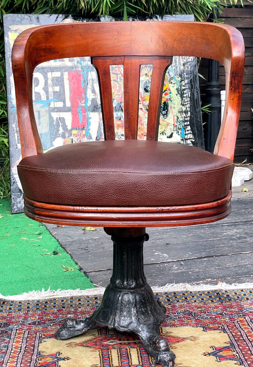 American Swivel Walnut Office Chair With Leather Seat, Cast Iron Legs Circa 1900