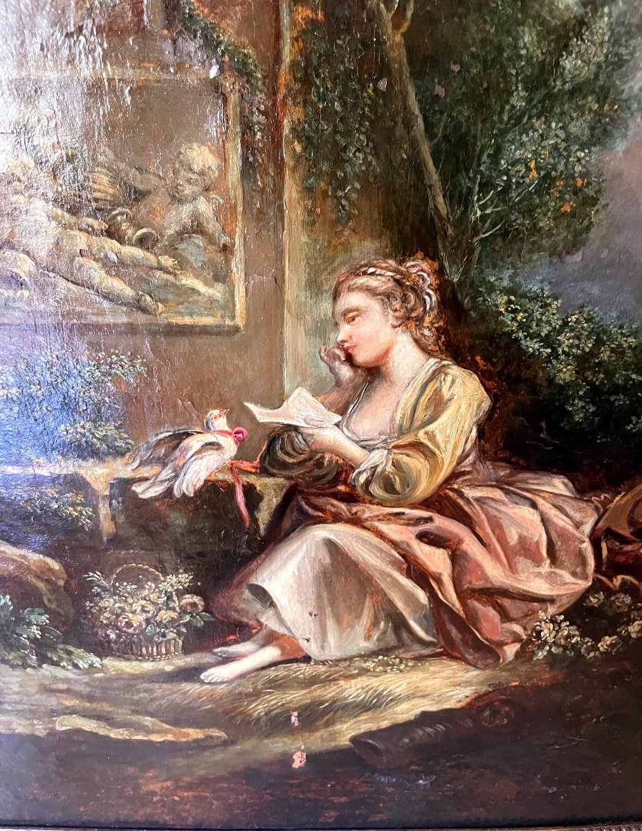 Reverse Painting After François Boucher "the Discreet Messenger"-photo-3