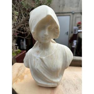 Bust Of Young Woman With Fichu In White Carrara Marble Signed Pugi