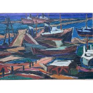 "marseille Shipyard" Oil On Canvas Signed Ducret