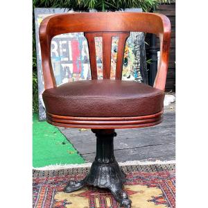 American Swivel Walnut Office Chair With Leather Seat, Cast Iron Legs Circa 1900