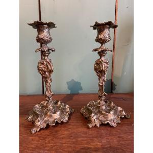 Pair Of Gilt Bronze Candlesticks, Vine Decor 