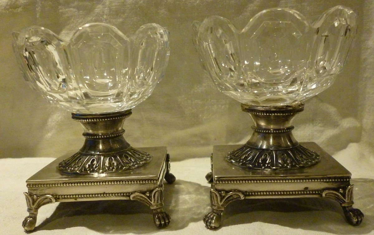 Pair Of Salt Cellars From The Restoration Period In Silver And Crystal.