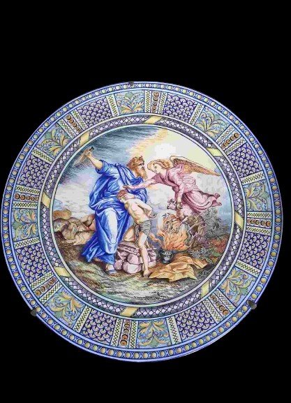 Le sacrifice d'Abraham. Grand plat majolique de Deruta. Italie XIXéme / XXéme siècle 