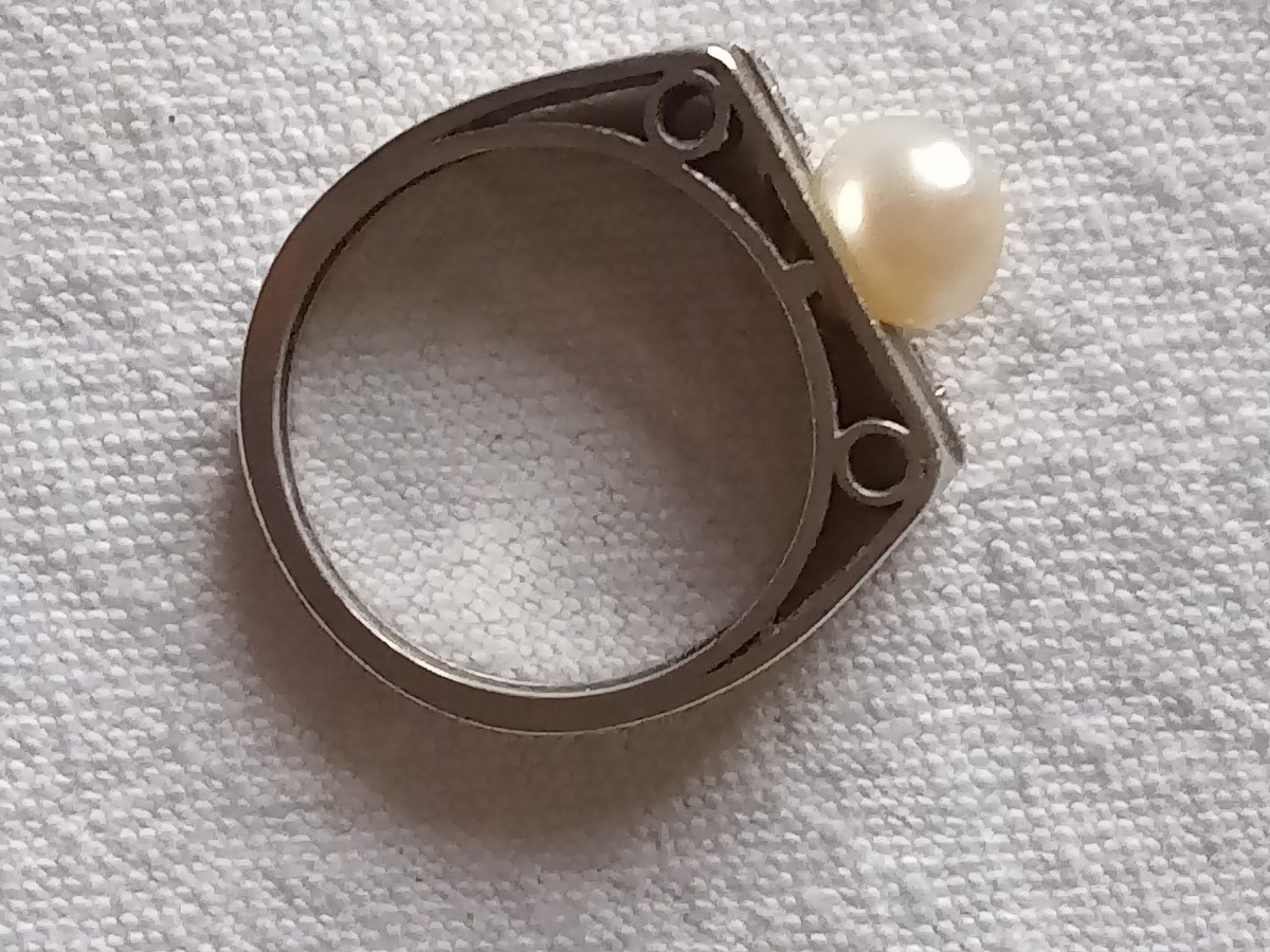 18kt White Gold Ring, Pearl And Brilliant. 1970s 1980s-photo-3