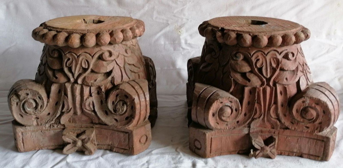 Pair Of Carved Wooden Capitals Or Bases -photo-4