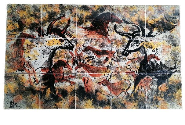 Les grottes de Lascaux. Peintures rupestres. Panneau de céramique. C.A.B. Circa 1970