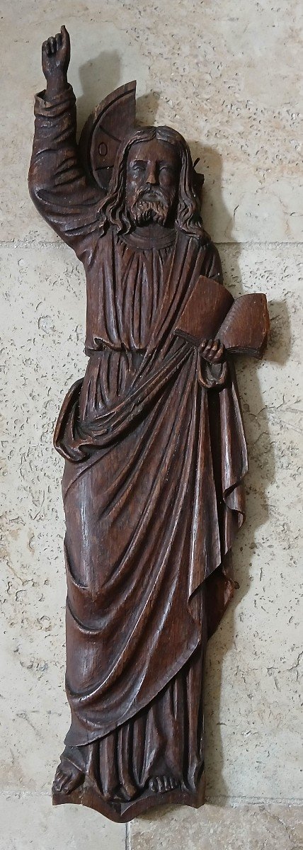 Panneau sculpté à l'image du christ présentant les écritures-photo-4