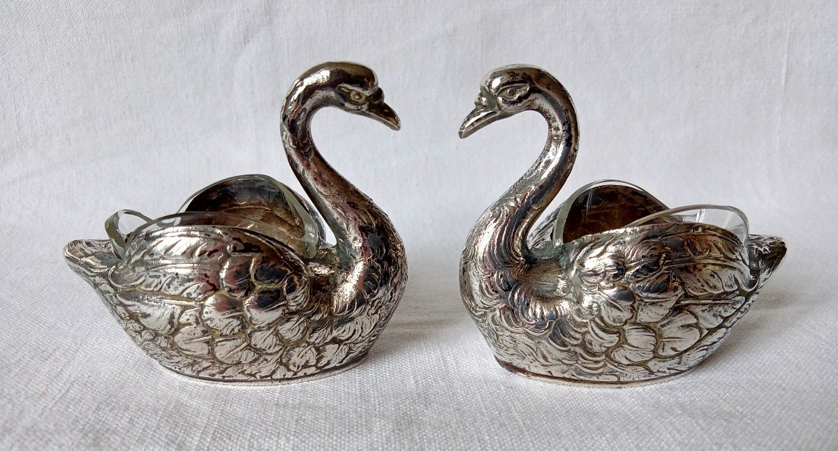 Paire de saleron. Cygnes en argent massif. Allemagne. Orfèvres Breidenstein & Renaud 1889 -1920-photo-2