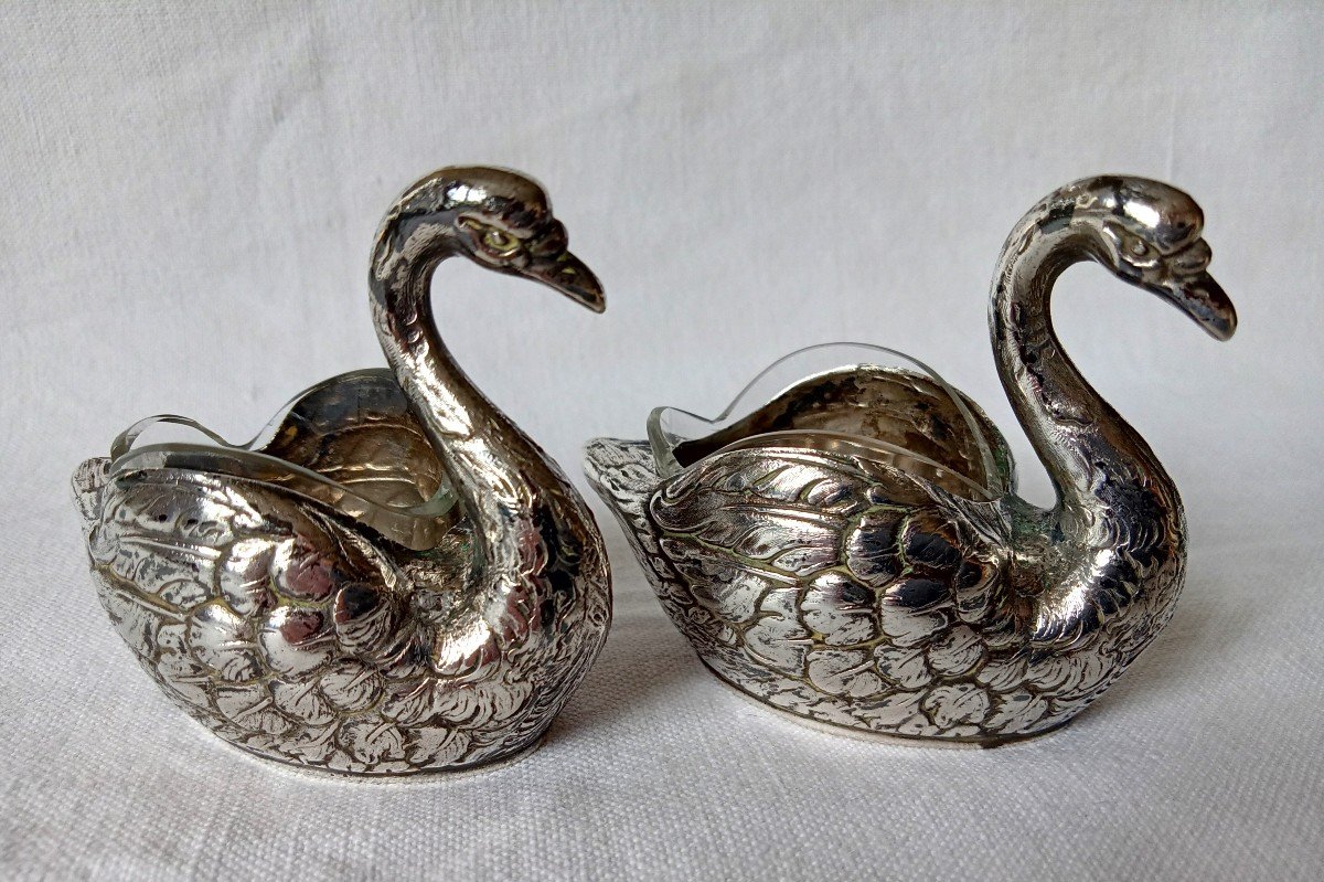 Paire de saleron. Cygnes en argent massif. Allemagne. Orfèvres Breidenstein & Renaud 1889 -1920-photo-1