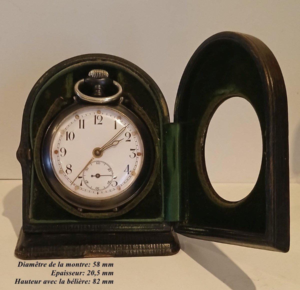 Junghans 1912 Travel Pocket Watch Alarm In Its Green Leather Case.                   -photo-2