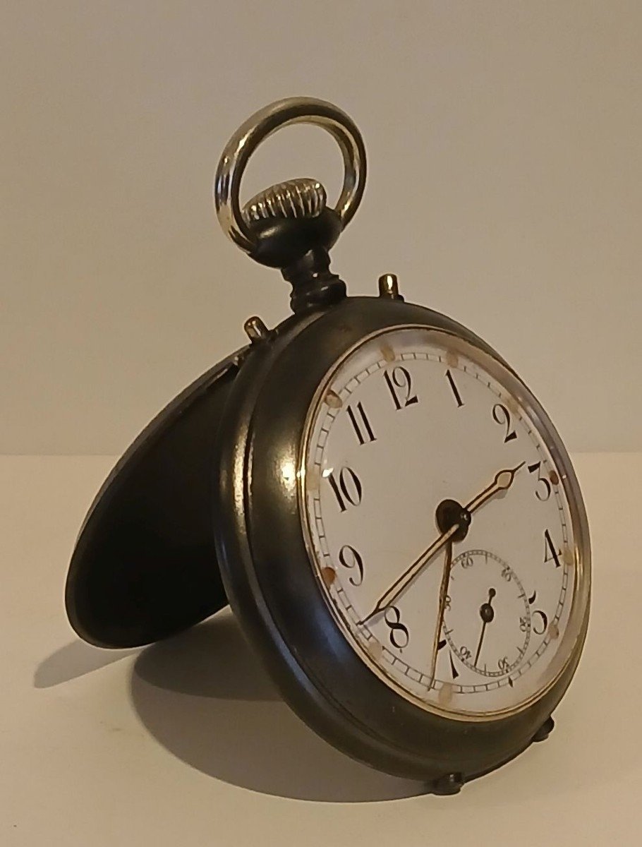 Junghans 1912 Travel Pocket Watch Alarm In Its Green Leather Case.                   -photo-4