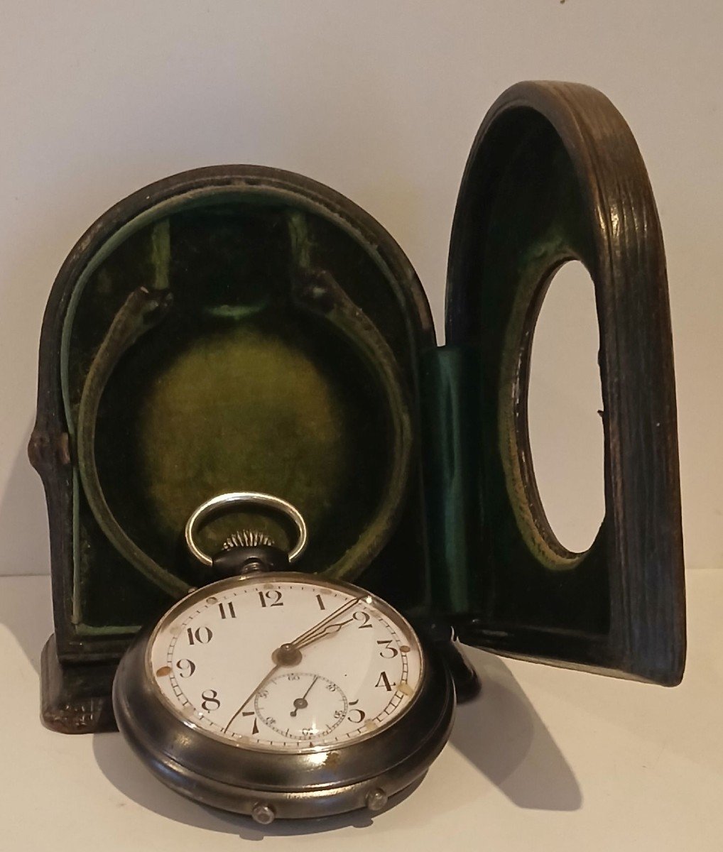 Junghans 1912 Travel Pocket Watch Alarm In Its Green Leather Case.                   -photo-2