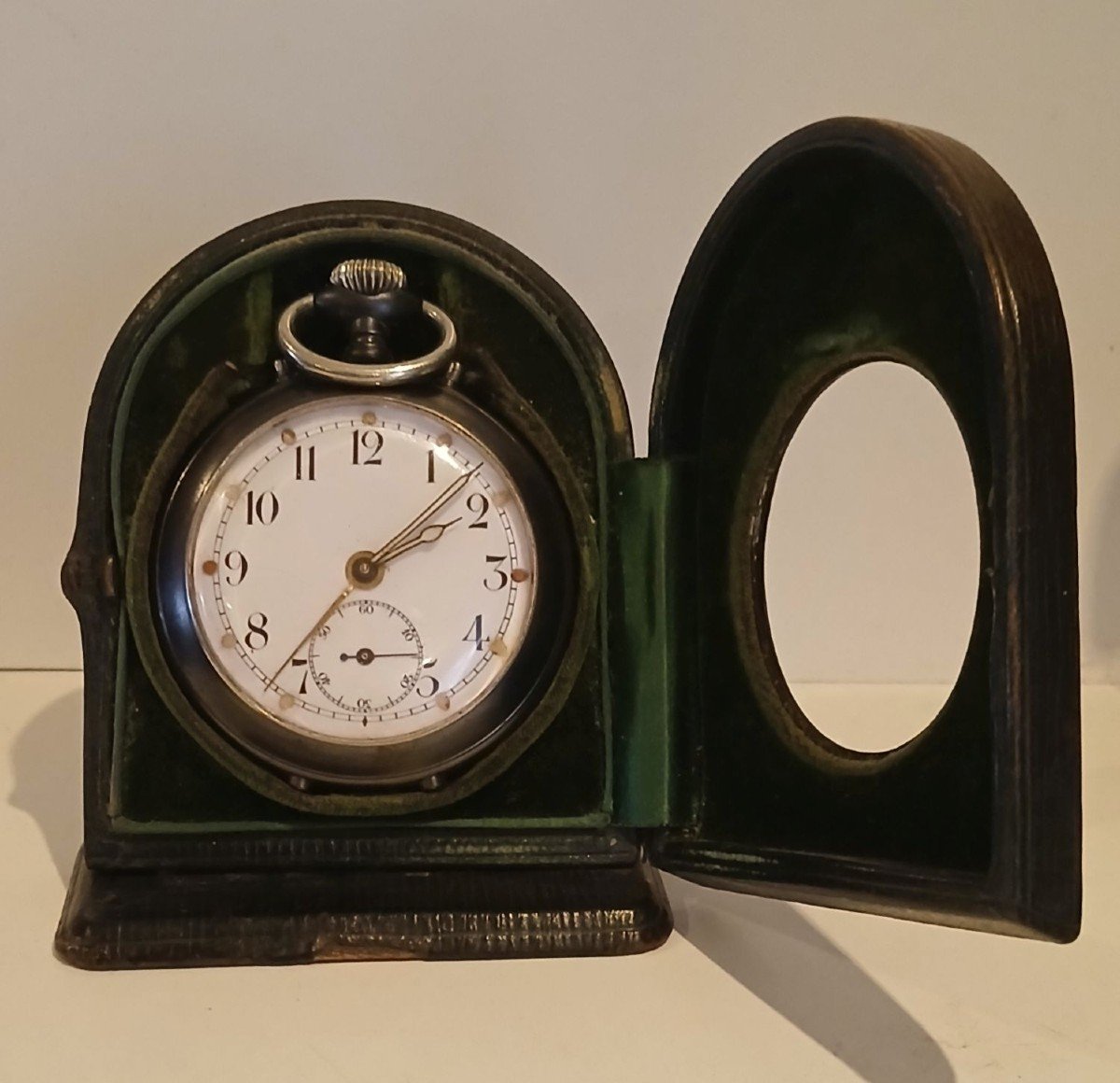 Junghans 1912 Travel Pocket Watch Alarm In Its Green Leather Case.                   -photo-3