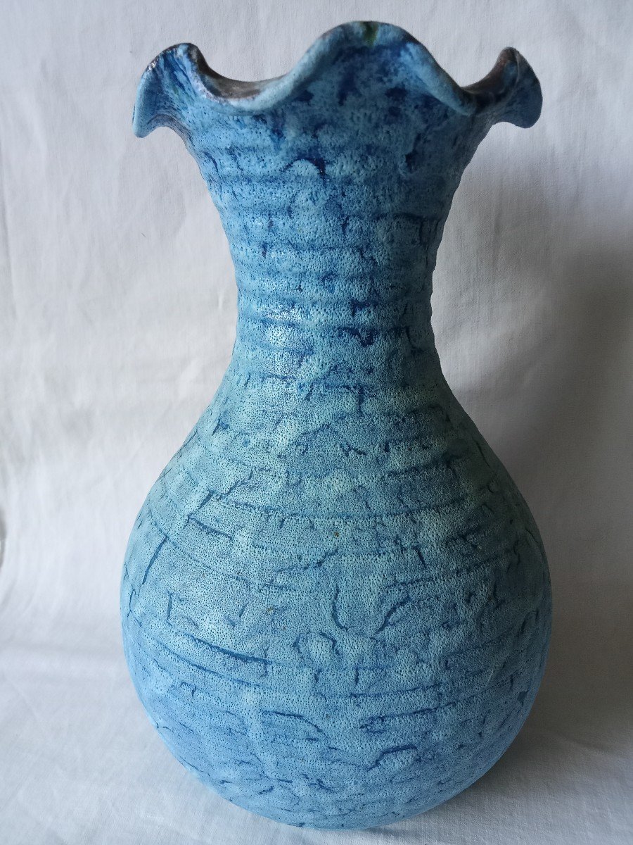 Vase des poteries d'Accolay, bleu gauloise, des années 1970-photo-3