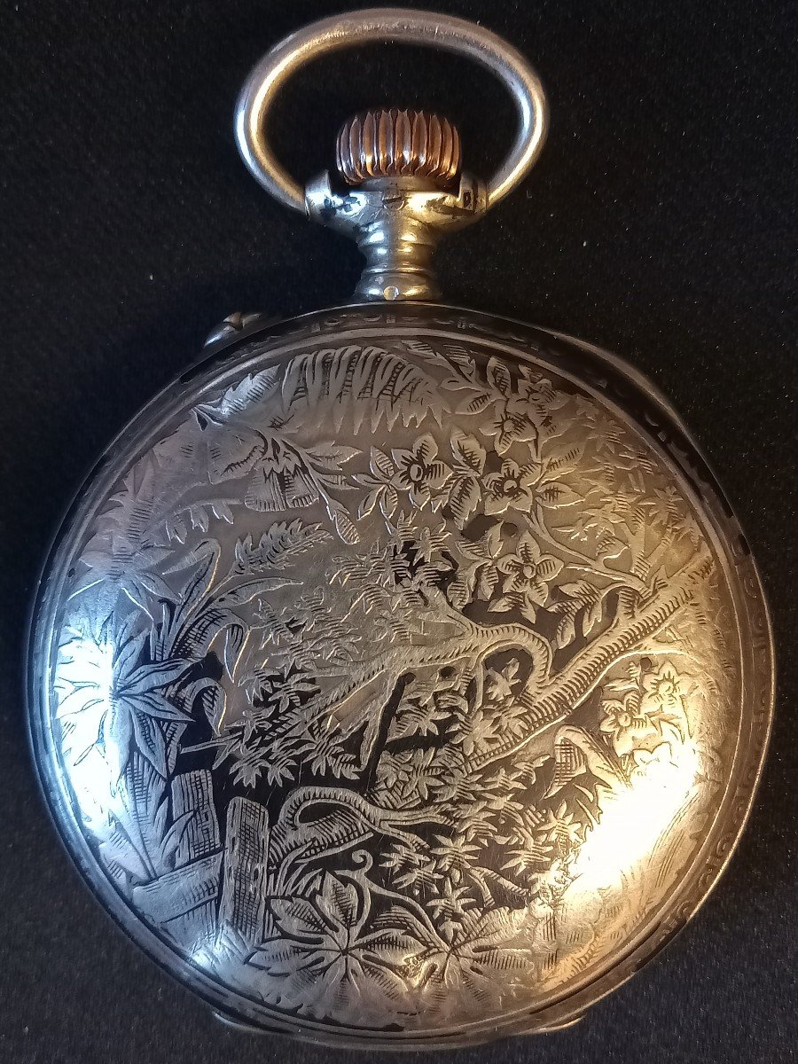 Longines Chronograph Pocket Watch In Niello Silver With Japanese Decoration. Circa 1900-photo-2