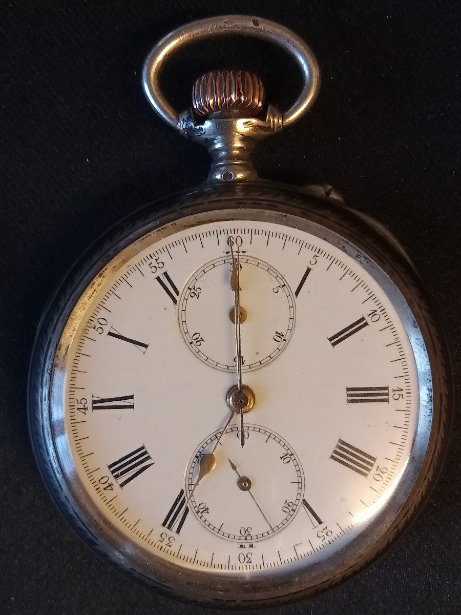 Longines Chronograph Pocket Watch In Niello Silver With Japanese Decoration. Circa 1900-photo-3