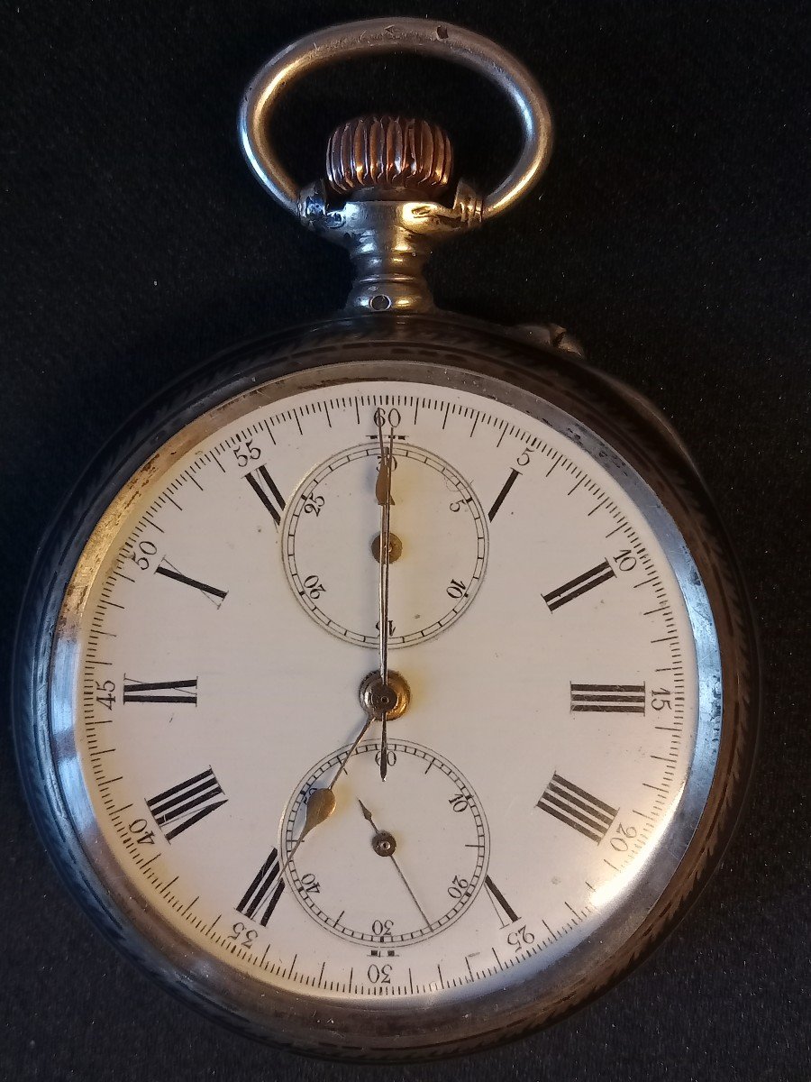 Longines Chronograph Pocket Watch In Niello Silver With Japanese Decoration. Circa 1900