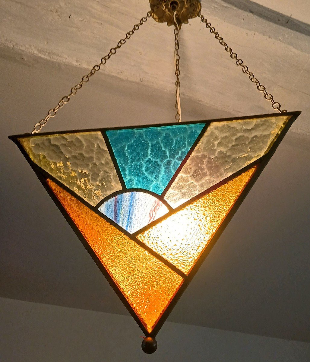 Freemasonry. Three-sided Stained Glass Chandelier, From The Estate Of A Brother.-photo-2