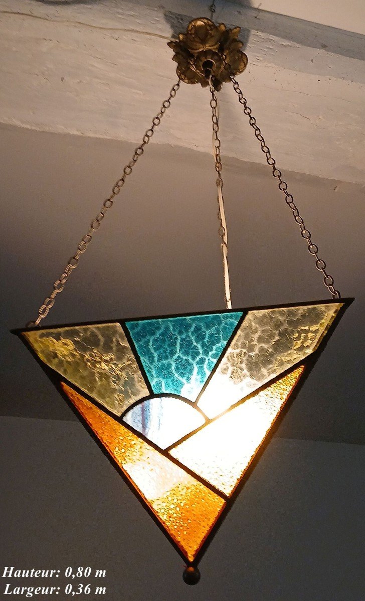 Freemasonry. Three-sided Stained Glass Chandelier, From The Estate Of A Brother.-photo-4