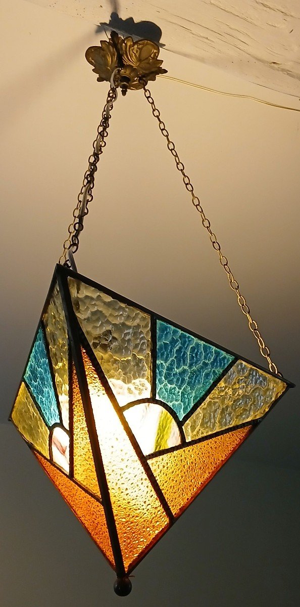 Freemasonry. Three-sided Stained Glass Chandelier, From The Estate Of A Brother.